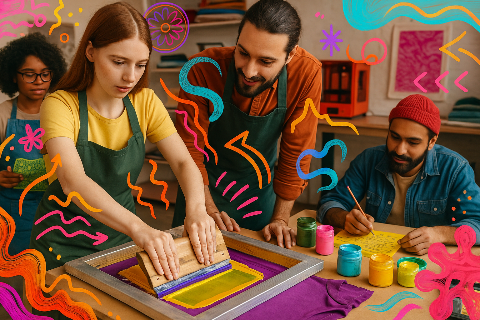 Students and instructors screen printing in a creative studio.